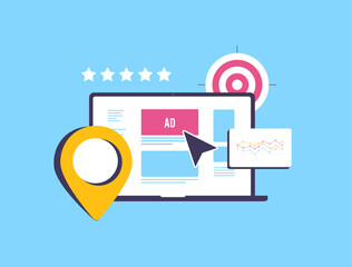 Poster - Local social media marketing - hyperlocal advertising tactics, location pin, targeted ads, analytics and laptop. Perfect for promoting local business strategies visually. Isolated Vector illustration