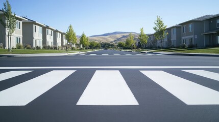 Poster - A suburban crosswalk painted in fresh white stripes, with distant hills and soft, natural light creating an inviting scene