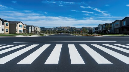 Poster - A suburban crosswalk painted in fresh white stripes, with distant hills and soft, natural light creating an inviting scene