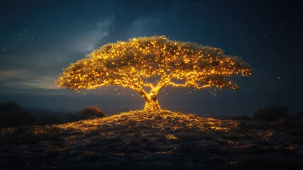 Canvas Print - A tree beautifully wrapped in golden lights, glowing softly in the night, leaving space for copy above