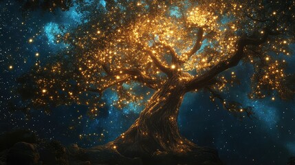 Poster - a tree beautifully wrapped in golden lights, glowing softly in the night, leaving space for copy abo