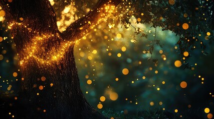 Poster - a tree beautifully wrapped in golden lights, glowing softly in the night, leaving space for copy abo