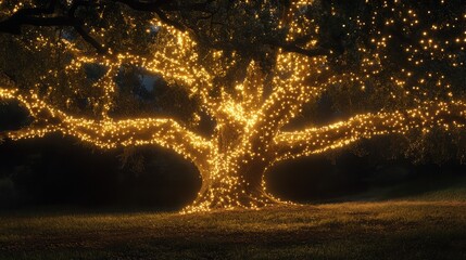 Poster - a tree beautifully wrapped in golden lights, glowing softly in the night, leaving space for copy abo