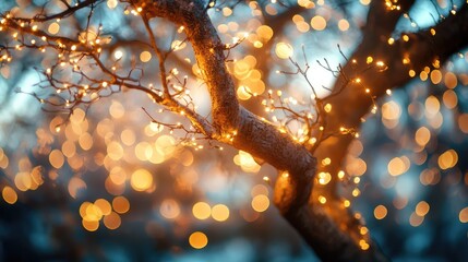 Poster - A tree illuminated with delicate, warm lights, glowing in the night with soft bokeh effects and an empty area for copy in the center