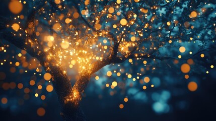 Poster - A tree illuminated with delicate, warm lights, glowing in the night with soft bokeh effects and an empty area for copy in the center