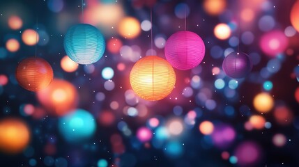 Poster - A vibrant display of colorful lanterns floating in the night sky, glowing softly against a dark backdrop with ample space for copy