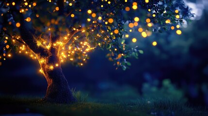 Poster - A vibrant tree adorned with twinkling lights, creating a festive atmosphere against a blurred night background with copy space