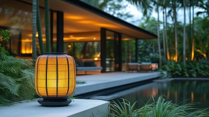 Wall Mural - Illuminated outdoor lantern on patio near modern house and pool at dusk.