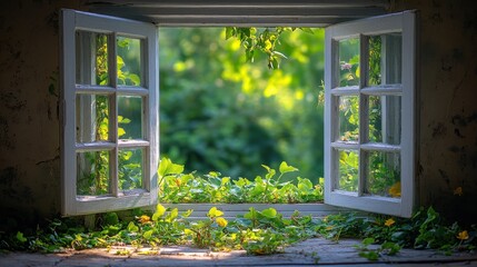 Leinwandbilder - open white window close up on nature backgroun
