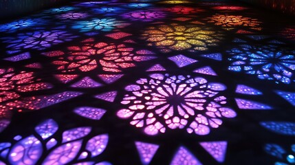 Poster - Close-up of glowing, multicolored LED lights forming intricate patterns on a dark surface, with ample negative space for copy