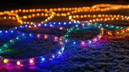 Poster - Close-up of glowing, multicolored LED lights forming intricate patterns on a dark surface, with ample negative space for copy