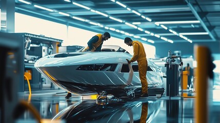 Poster - engineers working on a sleek engine for a racing boat in a high-tech marina.