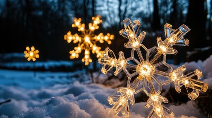 Poster - decorative lights shaped like snowflakes, glowing softly in a wintery setting with a dark blue backg
