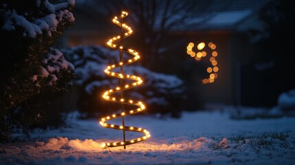 Poster - glowing christmas lights arranged in a spiral pattern on a tree, set against a snowy winter night