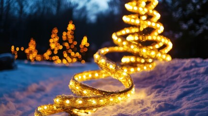 Poster - glowing christmas lights arranged in a spiral pattern on a tree, set against a snowy winter night