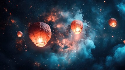 Poster - Lanterns floating gracefully in the night sky, glowing with soft light and providing ample space for copy in the center