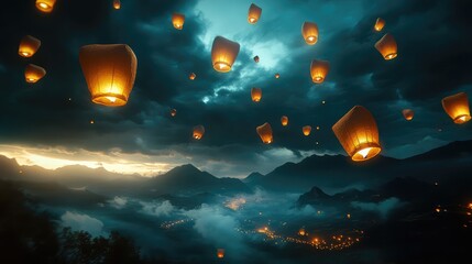 Poster - Lanterns floating gracefully in the night sky, glowing with soft light and providing ample space for copy in the center