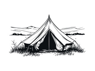 camping or hiking tent with grass silhouette black vector illustrations isolated on white background