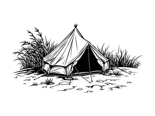 camping or hiking tent hand drawn style illustration vector, camping or hiking tent silhouette black