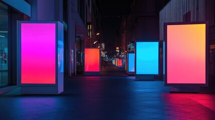 Poster - Night view of illuminated signboards and street lights on a deserted street, casting colorful reflections with open space for copy