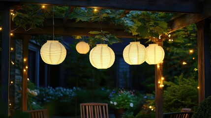 Poster - Outdoor decorative lights in the shape of lanterns hanging from a pergola, glowing warmly in a backyard garden setting