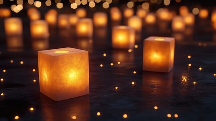 Poster - Softly glowing custom shape lights scattered across a dark canvas, with space for text in the bottom left corner