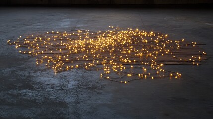 Poster - Strings of golden Christmas fairy lights draped across a rustic wooden surface, creating a warm holiday atmosphere