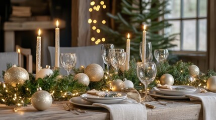 Poster - Strings of golden Christmas fairy lights draped across a rustic wooden surface, creating a warm holiday atmosphere