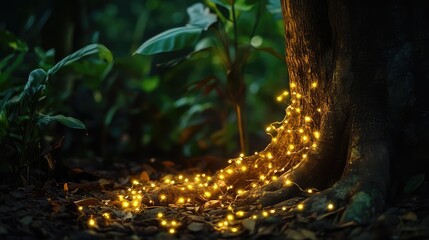 Poster - Warm yellow fairy lights wrapped around a tree trunk, glowing softly in a dark outdoor setting