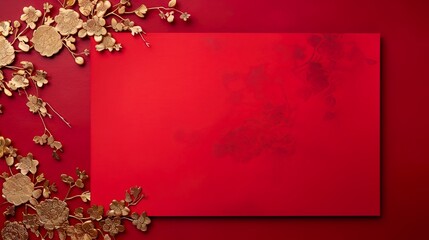 Wall Mural - chinese gold ink in red paper background flat lay top view copy space