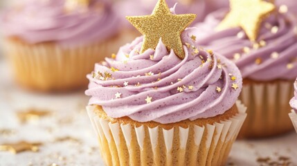 Wall Mural - Colorful cupcakes with purple frosting and golden stars create a whimsical dessert display ideal for parties and celebrations