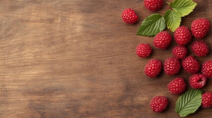 Canvas Print - Delicate raspberries scatter across a wooden surface, accompanied by lively green leaves, showcasing nature's bounty and beauty