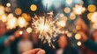 © tashechka - Friends enjoy a festive Christmas party at night, holding sparklers and embracing the cheerful spirit with bright lights around them