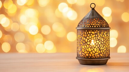 Wall Mural - The intricate lantern emits a soft glow, casting beautiful patterns amidst a backdrop of bright, festive lights