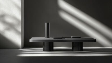 Fototapete - A professional product shoot setup with a dark grey backdrop, a simple table, and strategically placed black and white lights