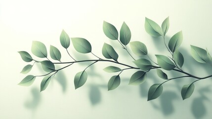 Poster - Branch with green leaves casting shadows on a white background.