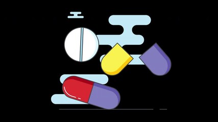 Poster - Colorful graphic of various pills and capsules on a black background.