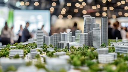 A detailed architectural model showcases a modern cityscape with green spaces, surrounded by blurred figures and warm lights in the background.