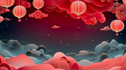 Wall Mural - 3d paper cut invitation card paper cut style for chinese new year in festival lantern illustration p