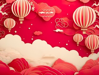 Wall Mural - 3d paper cut invitation card paper cut style for chinese new year in festival lantern illustration p