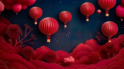 Wall Mural - 3d paper cut invitation card paper cut style for chinese new year in festival lantern illustration p