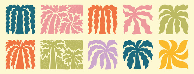 Wall Mural - abstract boho palm tree tropical art set. retro groovy wavy summer palms. vector square tropical ico