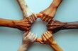 © Zhi_zhi_art - International Day of Human Fraternity. Zero Discrimination with diverse hands form a circle, grasping shared food, symbolizing unity. The hands display range of skin tones, representing inclusivity