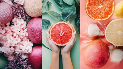 Canvas Print - Collage of pink and red grapefruits, lemons, and hydrangeas.