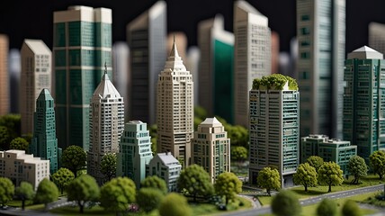 A detailed model of a vibrant city featuring high rise buildings lush green spaces and intricate designs representing modern urban architecture