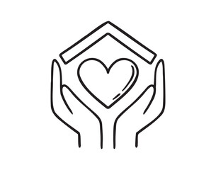 Cute home hands holding heart under the house roof doodle hand drawn icon. Outline drawing Cute home hands holding heart line clipart symbol