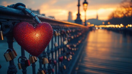 Canvas Print - the red heart shape padlock hanging in the middle of many blurred padlocks that around and all are at the fence of the bridge in paris france concept padlocks love forever valentin