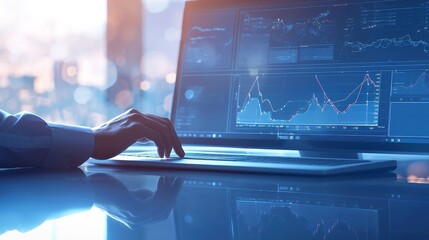 Poster - Businessman engaging with advanced technology and analytics, analyzing growth metrics and strategies on a sleek digital interface, emphasizing innovation and decision-making.