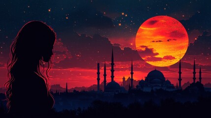 Canvas Print - typographic art title text ramadan kareem istanbul blue mosque simple black vector beautiful young woman standing behind and watching the mosque dark red and gold colors simple vector ar