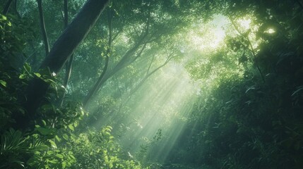 Wall Mural - Sunbeams Illuminating Lush Rainforest Canopy